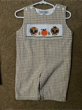 Sweet Dreams Beige Gingham Smocked Turkey Romper